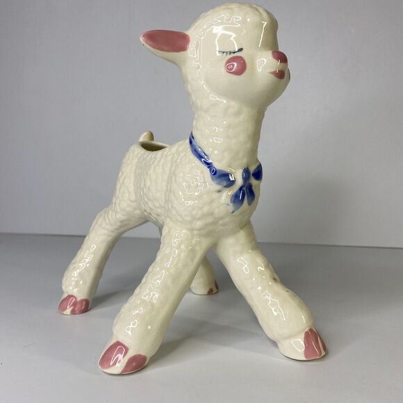 Vintage 8" Ceramic Lamb Planter Long Legs USA Nursery Decor Kitschy Rosy Cheeks - Picture 2 of 12